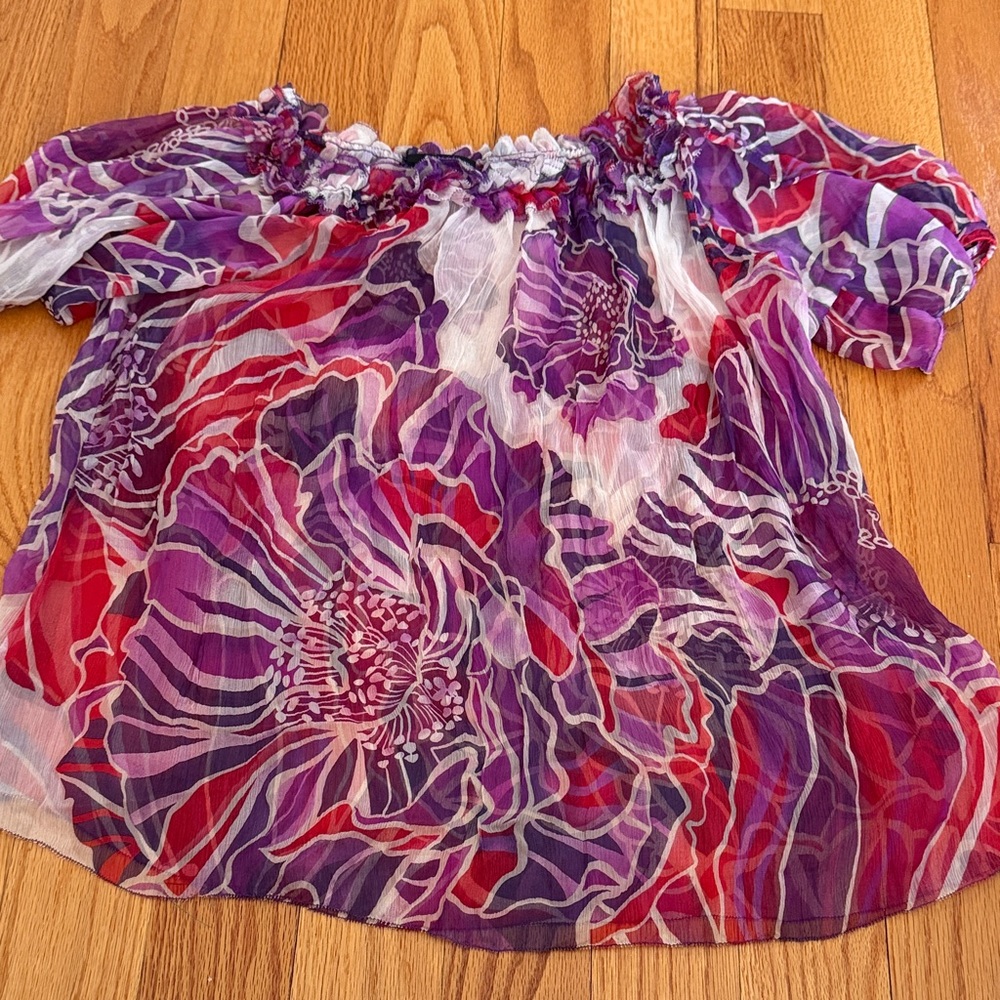 Elie Tahari Off-Shoulder Floral Blouse in Purple and Red